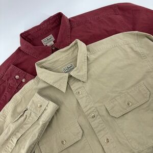 LL Bean Mens Large Tall Cotton Button Down Shirt Lot 2 Burgundy Khaki Workwear